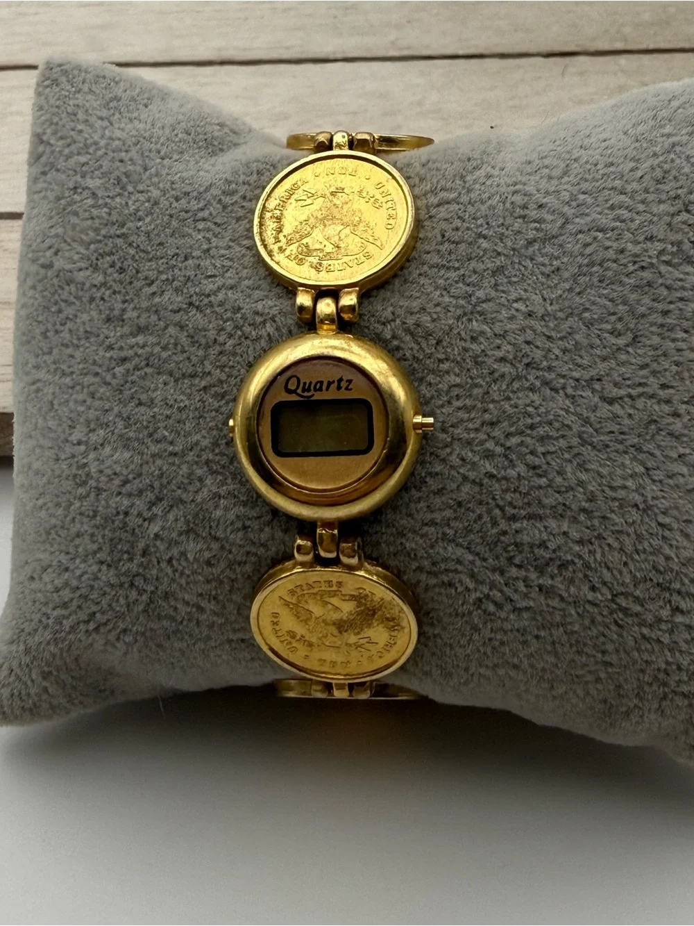 Gold Tone Coin-Link Quartz Digital Bracelet Watch
